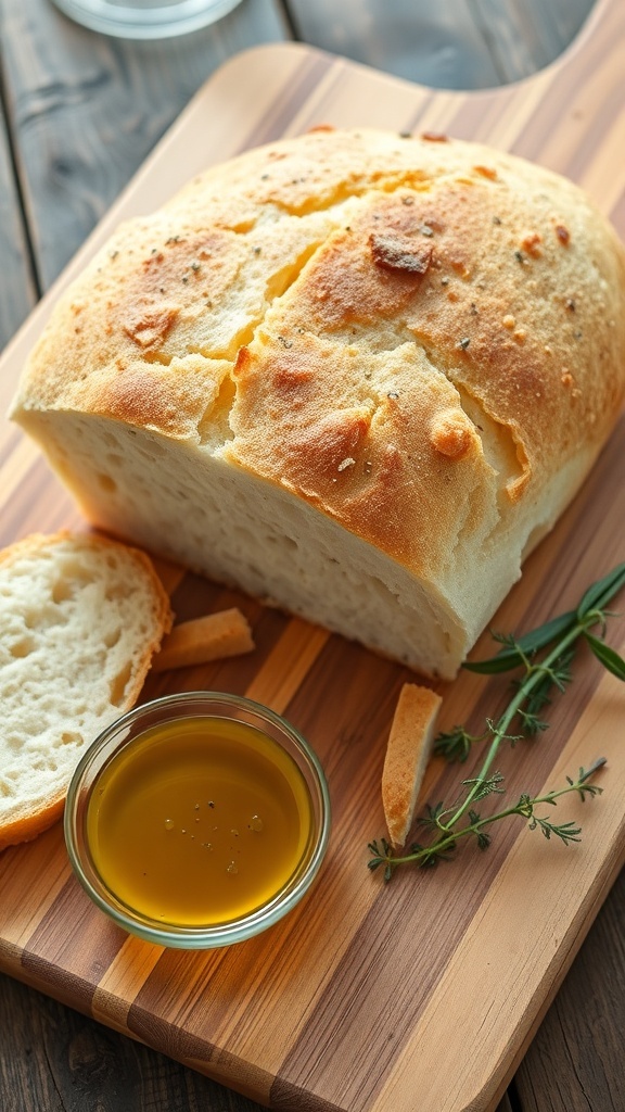 A golden crusted loaf of simple bread sliced on a cutting board, with olive oil for dipping.